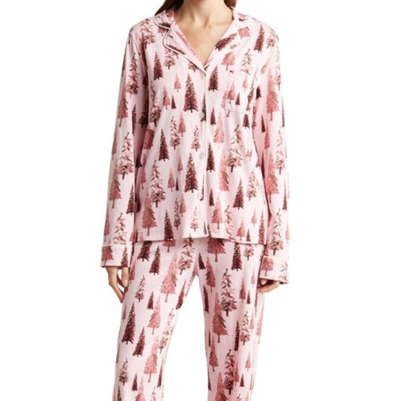 PJ Salvage Blush Trees Jersey Pajamas 2 PC Set Top & Pants Pink Size XL NEW - Picture 1 of 5